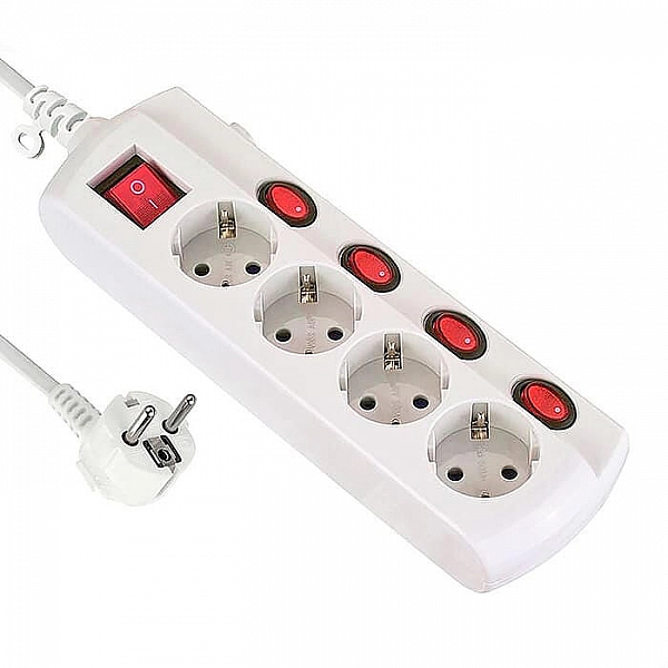 Удлинитель Electraline 62501 4 гнезда с заземлением с выключателем на каждой розетке 1.5 м белый