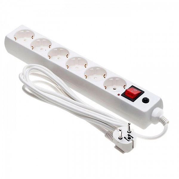Удлинитель с сетевым фильтром ETP Security 77506 6 гнезд с заземлением с выключателем ПВС 3*1.5 мм.кв 5 м белый