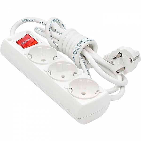 Удлинитель Borsan BR-1563-2 3 гнезда с заземлением с выключателем 2 м белый