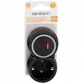 Разветвитель Zenitech 191908 1 гнездо с защитными шторками с модулем быстрой зарядки USB A+C черный