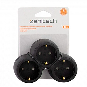 Разветвитель Zenitech 191906 3 гнезда с защитными шторками черный