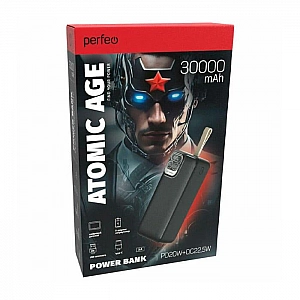 Аккумулятор внешний Powerbank Perfeo 30000mAh Atomic Age LED дисплей PD+QC 3.0 Type-C/2 USB 5A max 22.5W черный. Изображение - 2